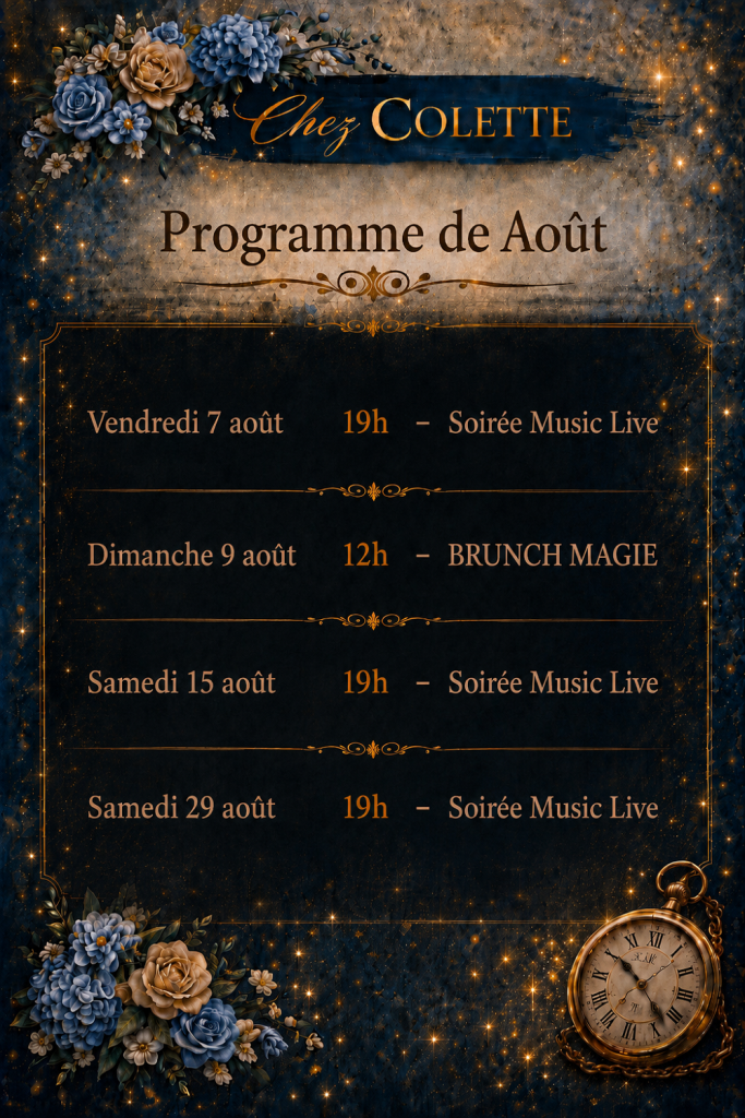 Programme d&rsquo;août – Les soirées et événements Chez Colette